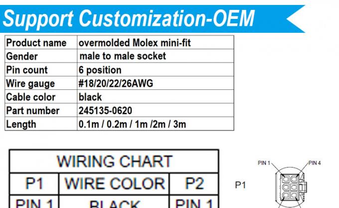 Сверхмольдированный мужской к мужскому 6 пин 2451350620 Molex Mini-Fit 4,2 мм кабель для сборки соединителя 0