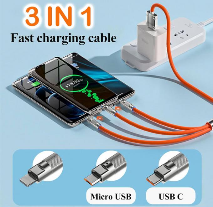Сверхбыстрая зарядка 120w 6A жидкий силикон 3 в 1 многоконнекторы Micro Type C USB кабель для зарядки данных для мобильного телефона 1