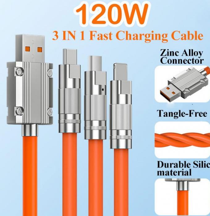 Сверхбыстрая зарядка 120w 6A жидкий силикон 3 в 1 многоконнекторы Micro Type C USB кабель для зарядки данных для мобильного телефона 3